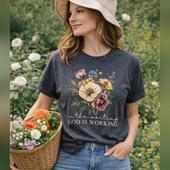 Love And Faith Tops - Love & Faith Floral In The Waiting God Is Working Graphic Tee L & XL Cottagecore
